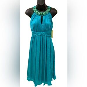 Evan Picone Satin Cocktail Dress Garden of Eden Teal NWT Sz 4 $110 Halter Neck